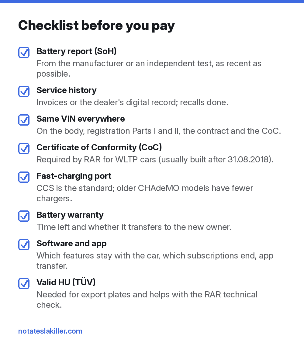 Checklist before paying for a used EV from Germany