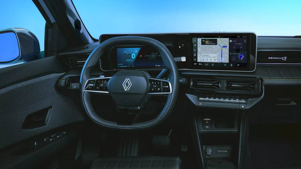 Interiorul Renault 4 E-Tech electric, cu volanul și ecranele OpenR