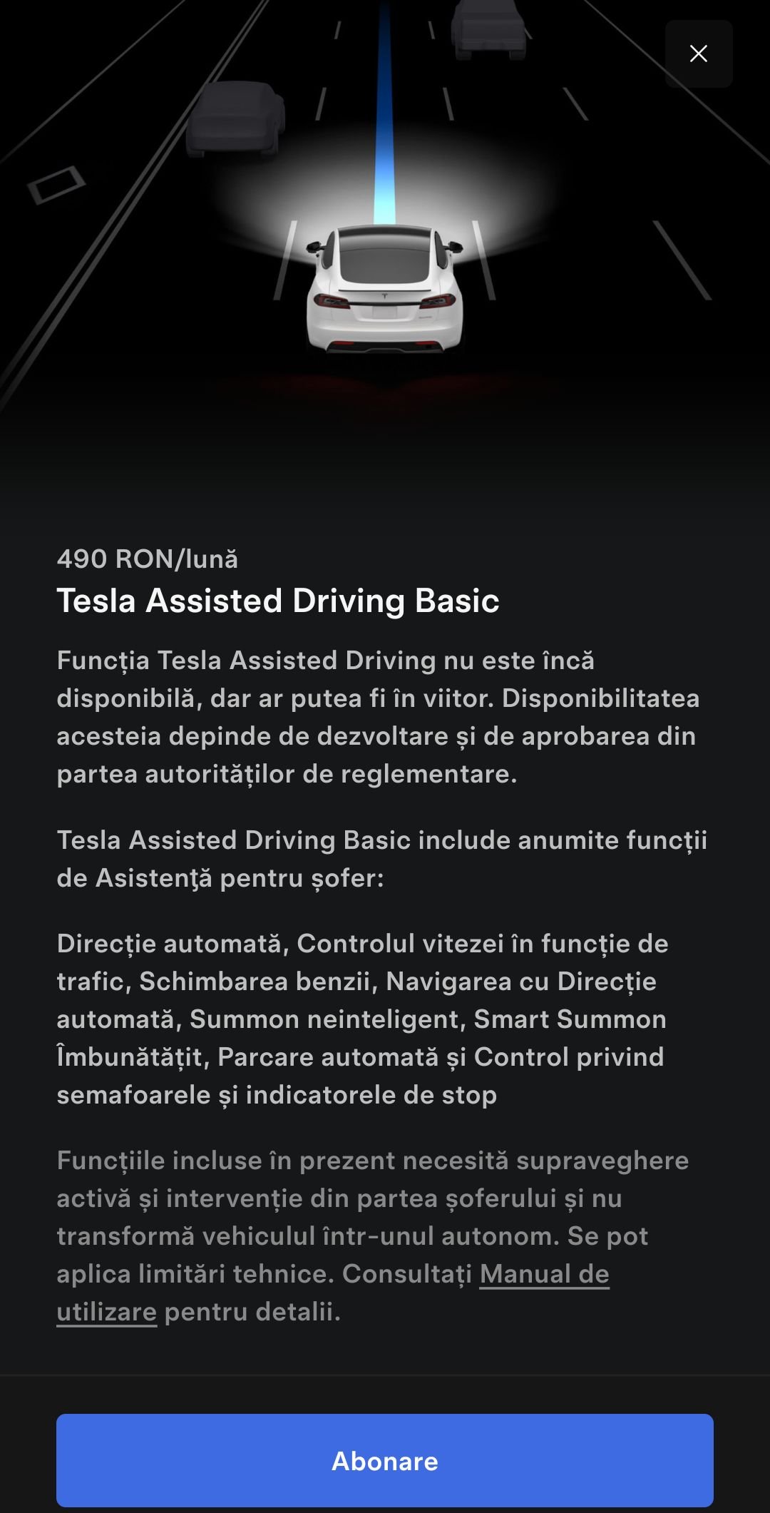 Screenshot of the Tesla app in Romania: Tesla Assisted Driving Basic, 490 RON/month, with the list of included driver-assist features