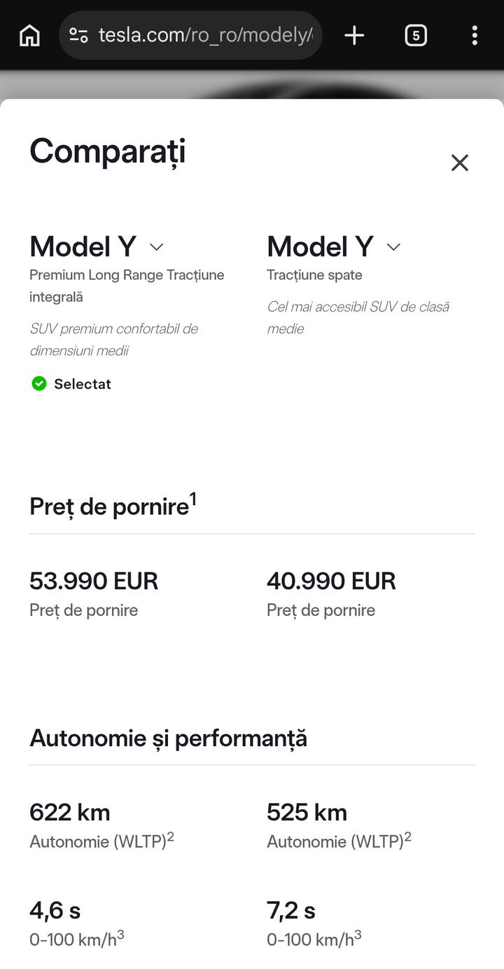 Captură din configuratorul Tesla România: Model Y Premium Long Range tracțiune integrală la 53.990 EUR, 622 km WLTP, 0-100 km/h în 4,6 s, față de Model Y tracțiune spate la 40.990 EUR, 525 km WLTP, 7,2 s