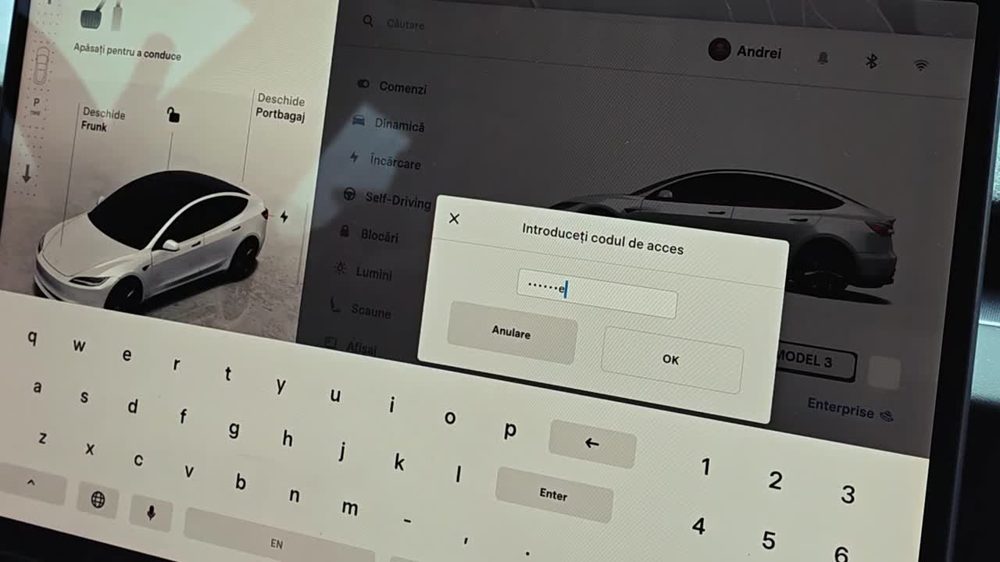 Access code prompt for Service Mode on the Tesla screen