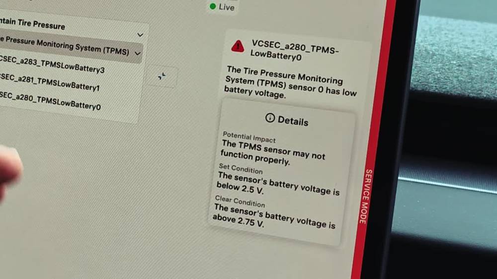 TPMS alert details in Service Mode, showing low sensor battery voltage