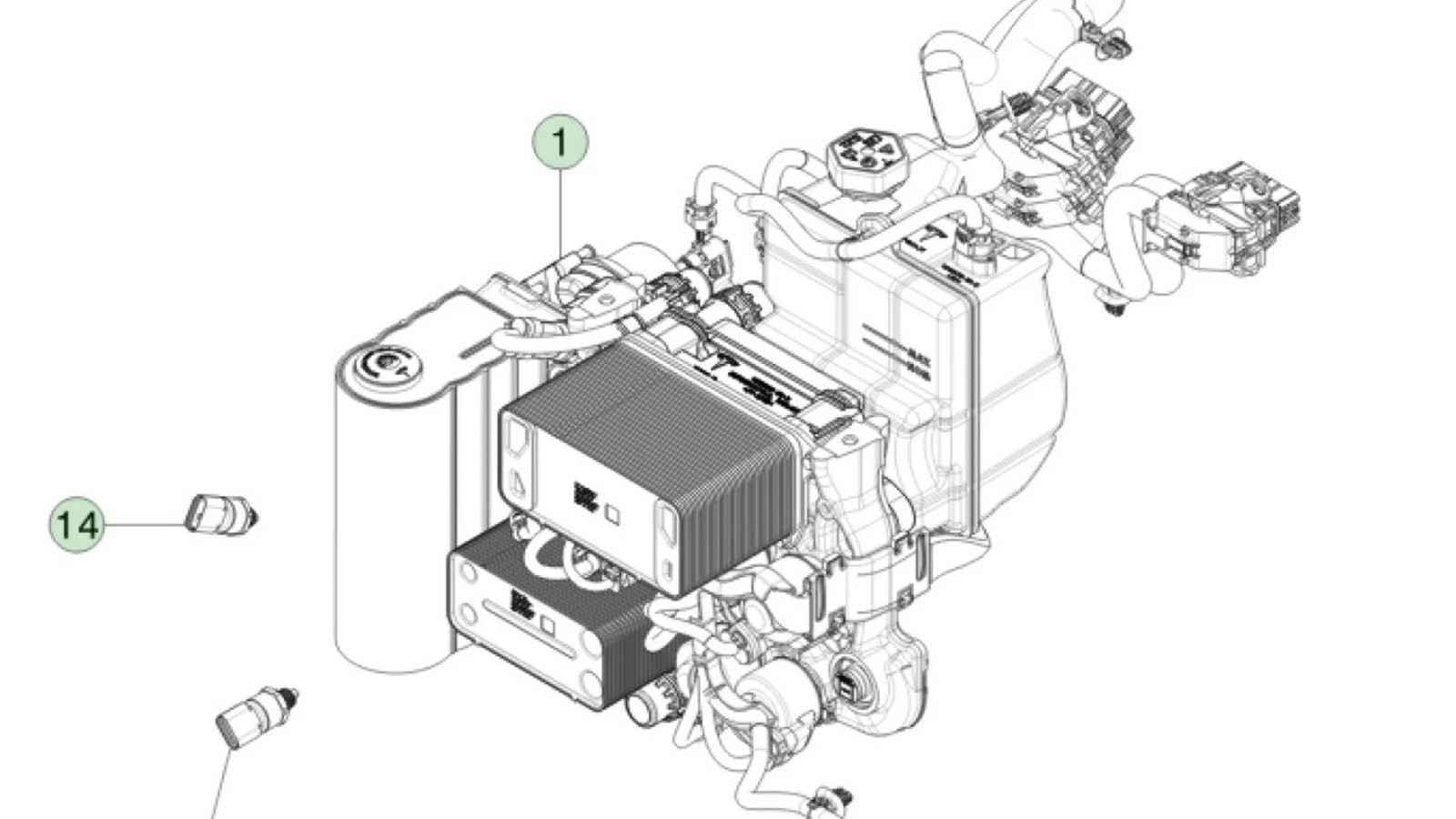 Technical diagram of the Tesla Super Manifold thermal module: heat exchangers, coolant reservoir, valves and connectors in a single assembly