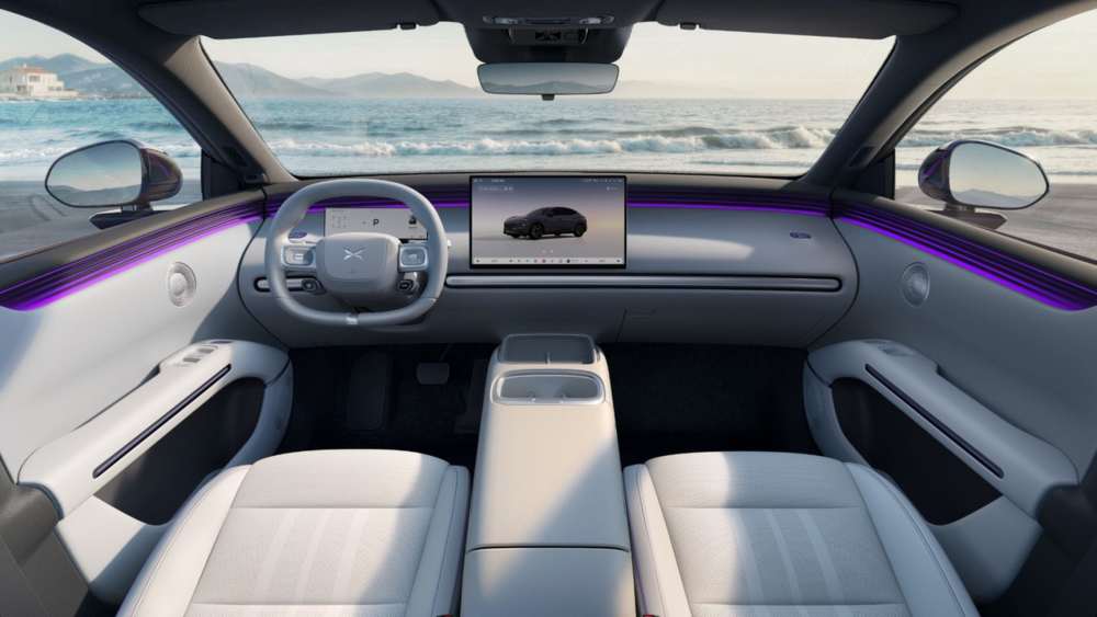 XPENG MONA L03 cabin with central screen and ambient lighting