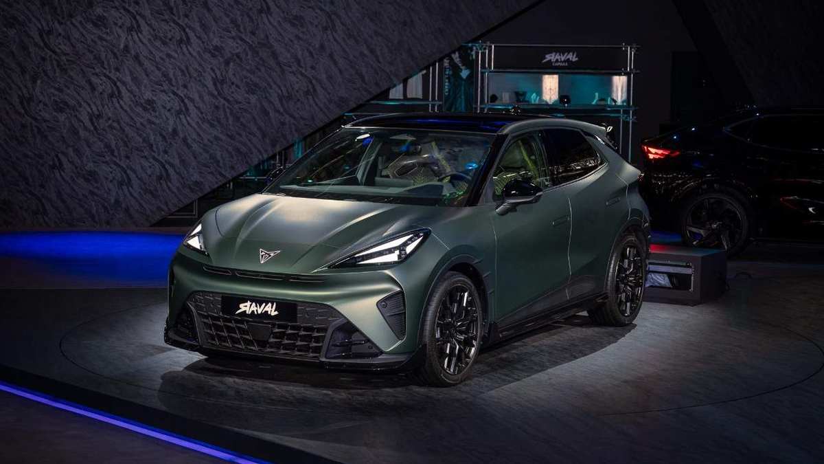 Matte green Cupra Raval on the Cupra stand at the Paris Motor Show