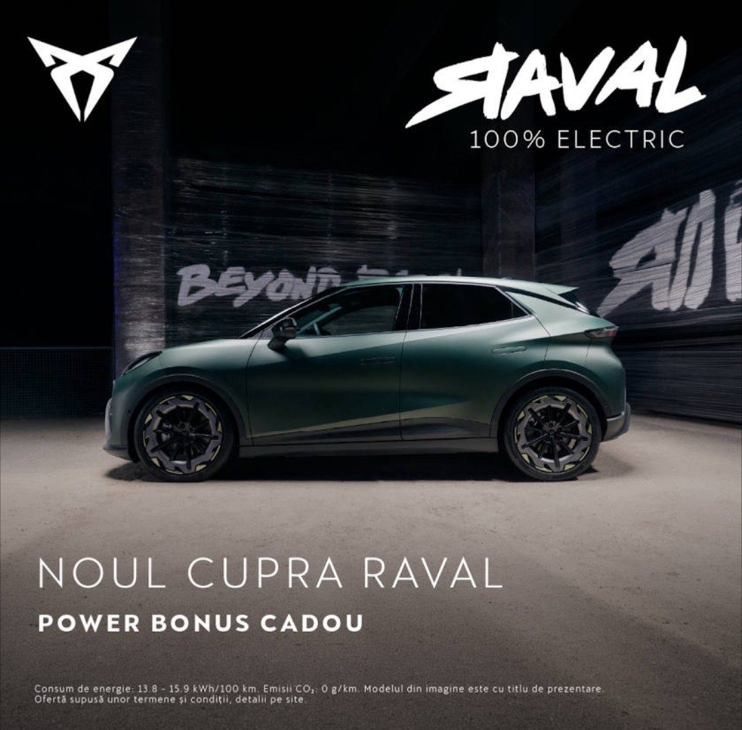 Green Cupra Raval in profile, with the text "Noul Cupra Raval, Power Bonus cadou" (The new Cupra Raval, Power Bonus as a gift)