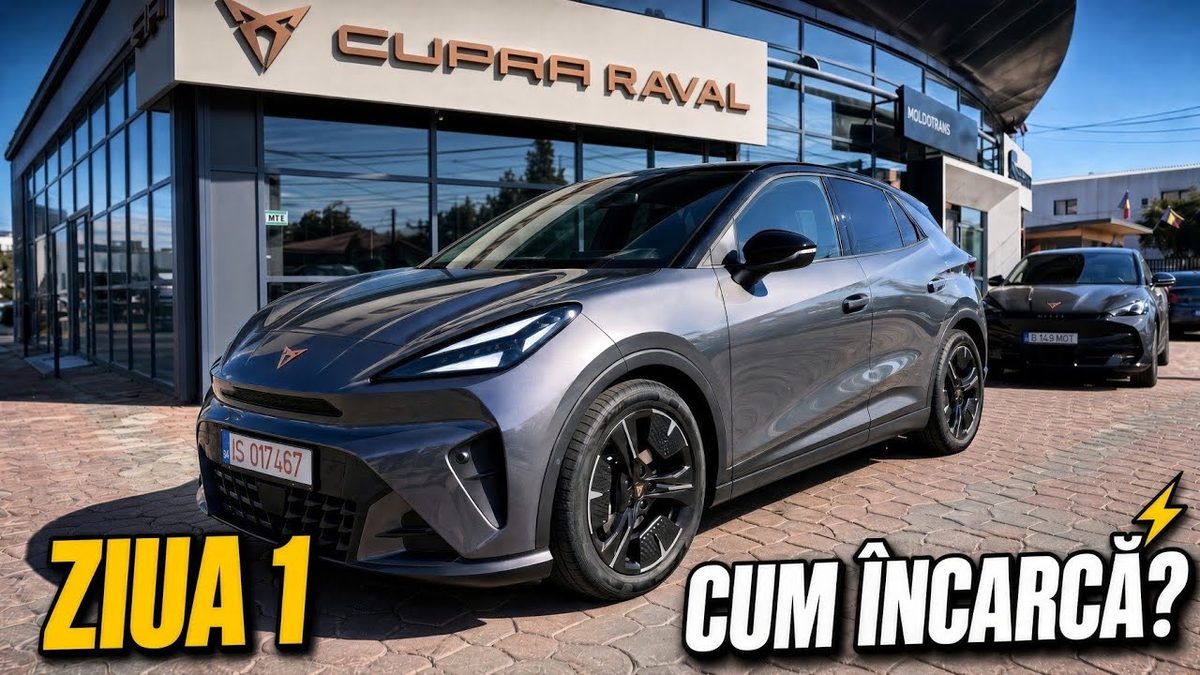 Grey Cupra Raval parked outside the Moldo Trans showroom in Iași, with the text "Ziua 1, cum încarcă?" (Day 1, how does it charge?)