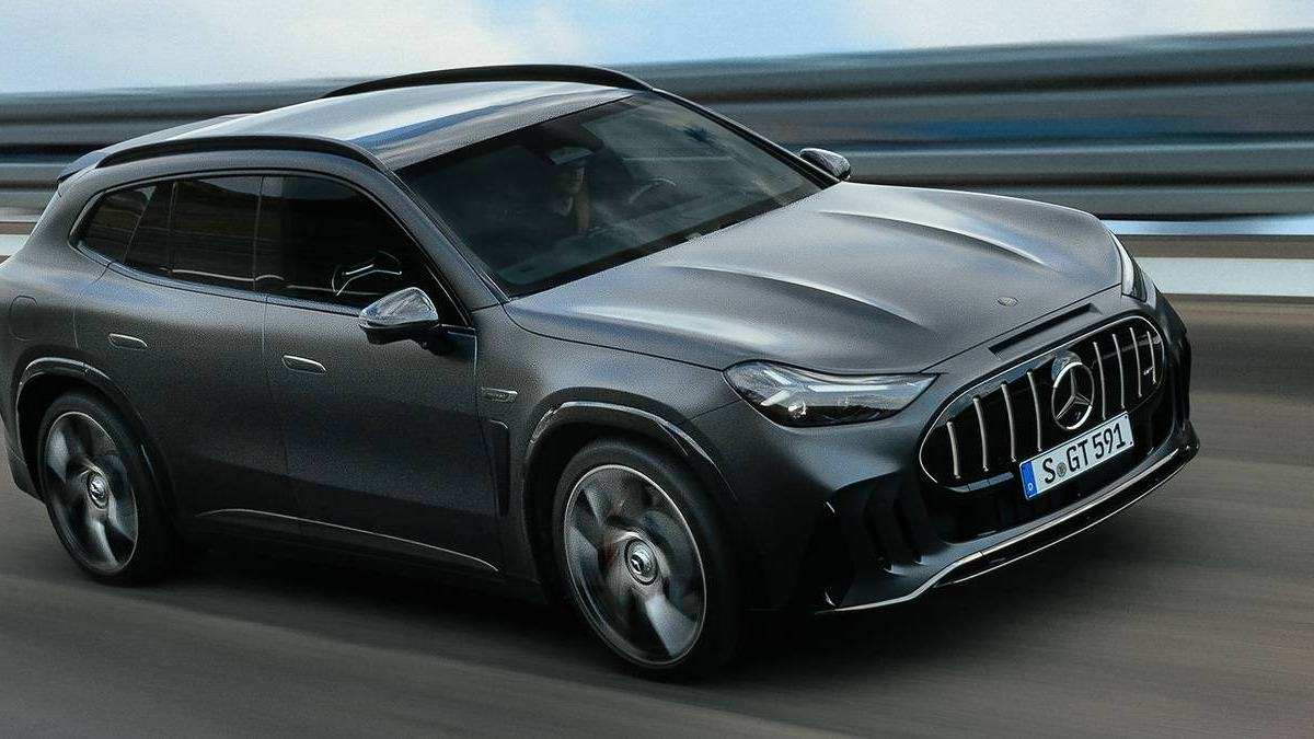 The new grey electric Mercedes-AMG GT SUV driving on a road