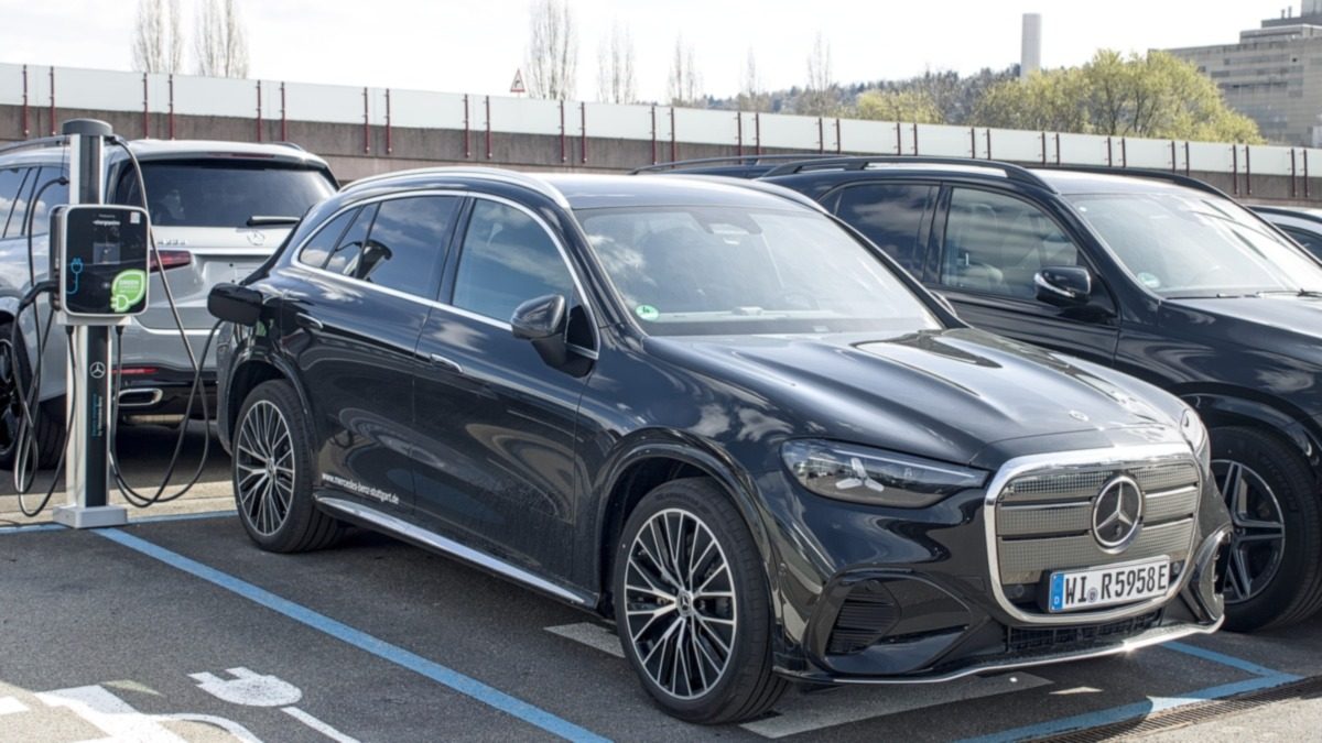 Dark blue electric Mercedes-Benz GLC parked at a charging station in Stuttgart