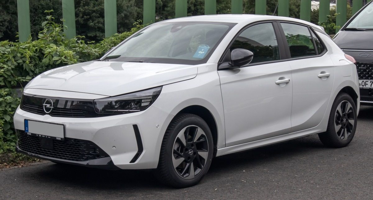 White facelifted Opel Corsa Electric, photographed from the front