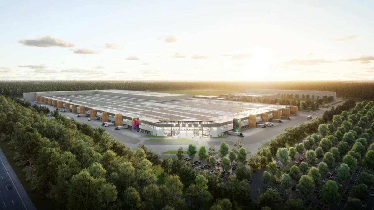 Official aerial view of Tesla Giga Berlin in Grünheide, surrounded by forest