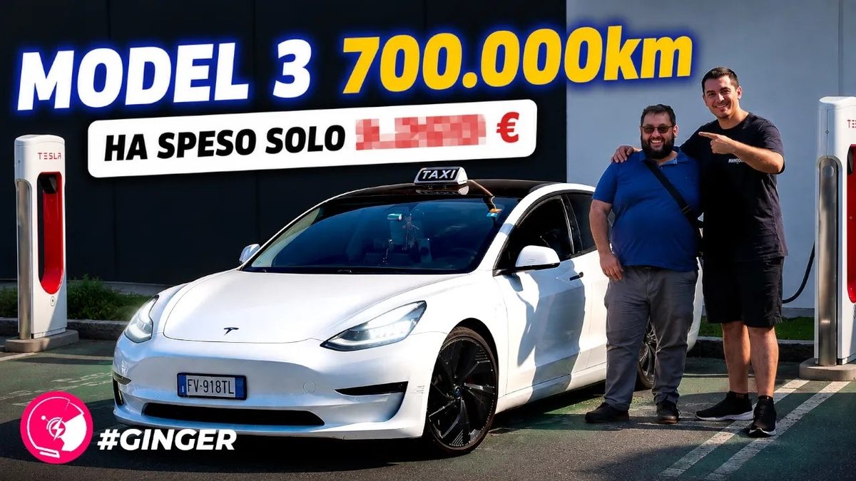 Thumbnail from the Elettronauti video showing a yellow Tesla Model 3 Performance after 700,000 km as a taxi