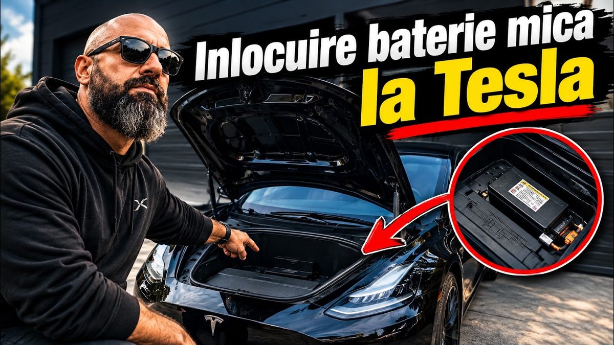 Black Tesla Model 3 with the frunk open and the 12V battery circled; thumbnail of the TeslaHolic video