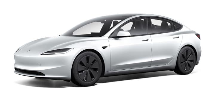 White Tesla Model 3 Highland, front three-quarter view, with black wheels on a white background