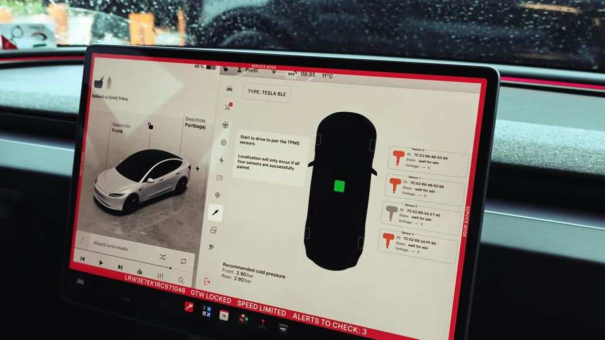 Tesla Model 3 screen in Service Mode, with the alert list and vehicle diagram