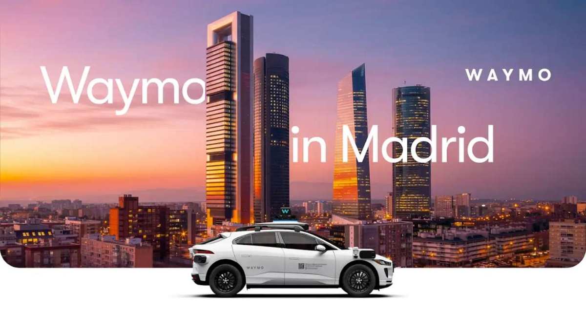 Official Waymo graphic showing a robotaxi in front of Madrid's skyscrapers