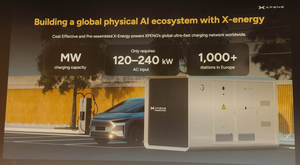 XPENG slide in Paris: Building a global physical AI ecosystem with X-energy – MW charging, only 120–240 kW AC input, 1,000+ stations in Europe, with an XPENG charging station next to an SUV